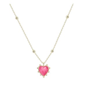 Adorned Heart Drop Necklace - Pink Enamel and Gold