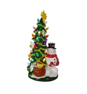 11in Ceramic Light Up Slender Tree with Snowman