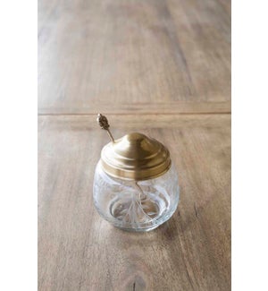 Antique Brass and Etched Glass Jam Jar with Spoon