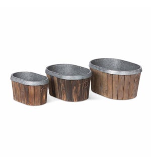 Galvanized Wooden Oval Tubs, Set of 3