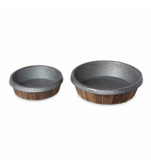 Galvanized Lined Round Wooden Trays, Set of 2