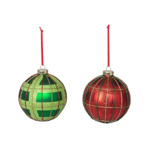 Glass Holiday Plaid Ball Ornament, 2 Assorted Styles