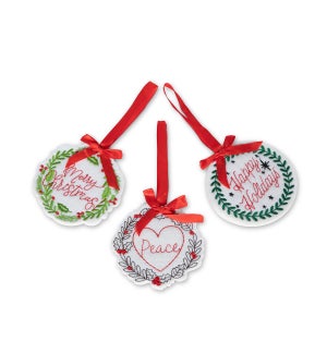Embroidered Felt Holiday Wishes Ornaments, 3 Assorted Styles