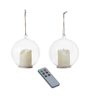 Clear Glass Ball with Flickering Candle Ornament, Set of 2 w/ Remote