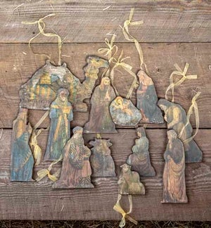 Antique Wood Nativity Ornaments, Set of 12
