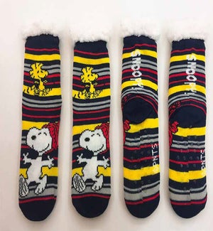 Peanuts Snoopy and Woodstock Dancing Black/Yellow/Red/White Striped Sherpa Socks