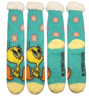 Looney Tunes Tweety with Flowers Blue Sherpa Socks