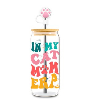 Cat Mom Glass Water Bottle with Straw - 16 Oz