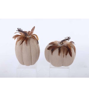 Large Fabric Tan Pumpkin with Feather 2 Asst