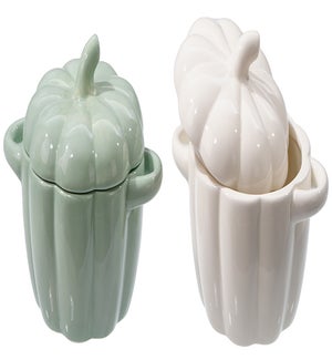 Cer Pumpkin Grn/Crm W/Lid  Container 2 Asst