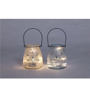 Glass Bl/White Snowflake Jar Glow with Handle 2 Asst