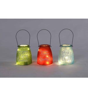 Glass Hol Words Color Jar with Handle 3 Asst