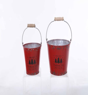 Metal Ant Red Christmas Trees Bucket with Handle S/2