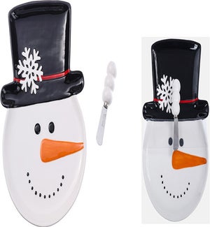 Cer Jolly Snowman Plate W/Spreader S/2