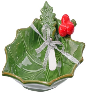 Cer Holly Berry Bowl W/Spreader S/2