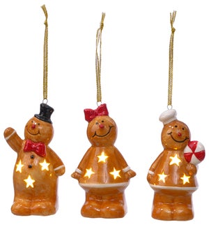 Cer Gingerbread LED Orn 3 Asst /Tray 12