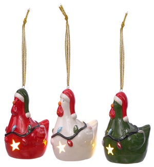 Cer R/W/G Holiday Chicken LED Orn 3 Asst