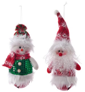Fabric Santa/Snowman w/Sparkle Bell Orn 2 Asst