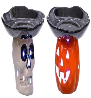 Cer Pumpkin/Skeleton Head Led Dish 2 Asst