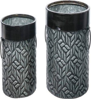 Galv/Blk Emb Leaf Rnd Pot S/2