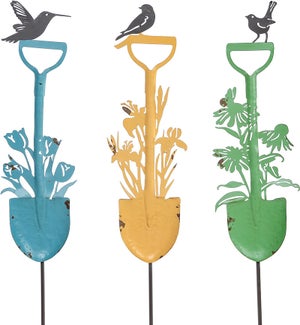 Mtl B/G/Y 3D Bird/Flwr Shovel Stake 3 Asst