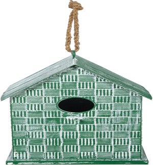 Enml Gr/Wht Check Birdhouse Hang