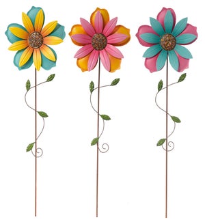 Metal Colorful Flowers Picks 3 Asst