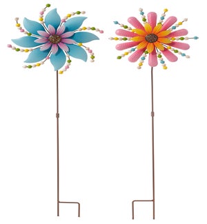 Metal Bead Flower Spinner Stake 2 Asst