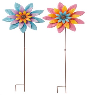 Metal Colorful Flowers Spinner Stake 2 Asst