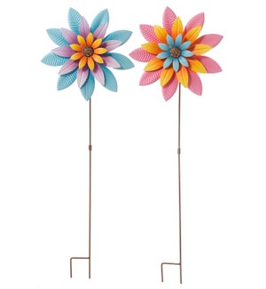 Metal Colorful Flowers Spinner Stake 2 Asst