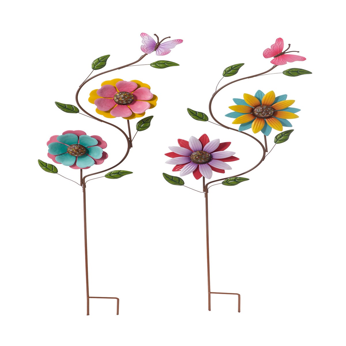 Metal Double Flowers Spinner Stake 2 Asst