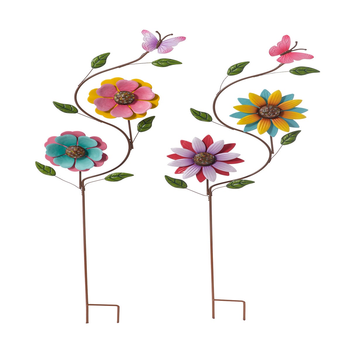 Metal Double Flowers Spinner Stake 2 Asst