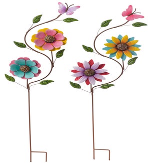 Metal Double Flowers Spinner Stake 2 Asst