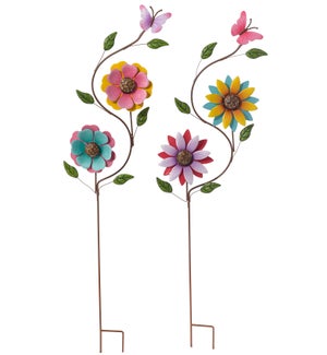Metal Double Flowers Spinner Stake 2 Asst