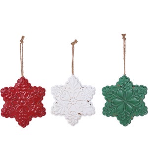 Medium Metal Red/White/Green 2-Side Snowflake Hang 3 Asst
