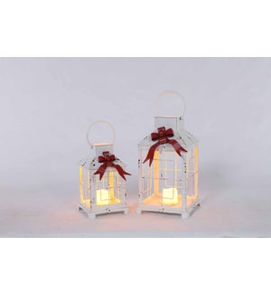 Metal White Wire Grid Terrarium with Red Bow S/2