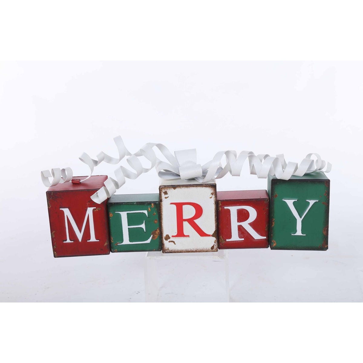 Metal Red/White/Green Merry with Bell-Bow 2-Side Block