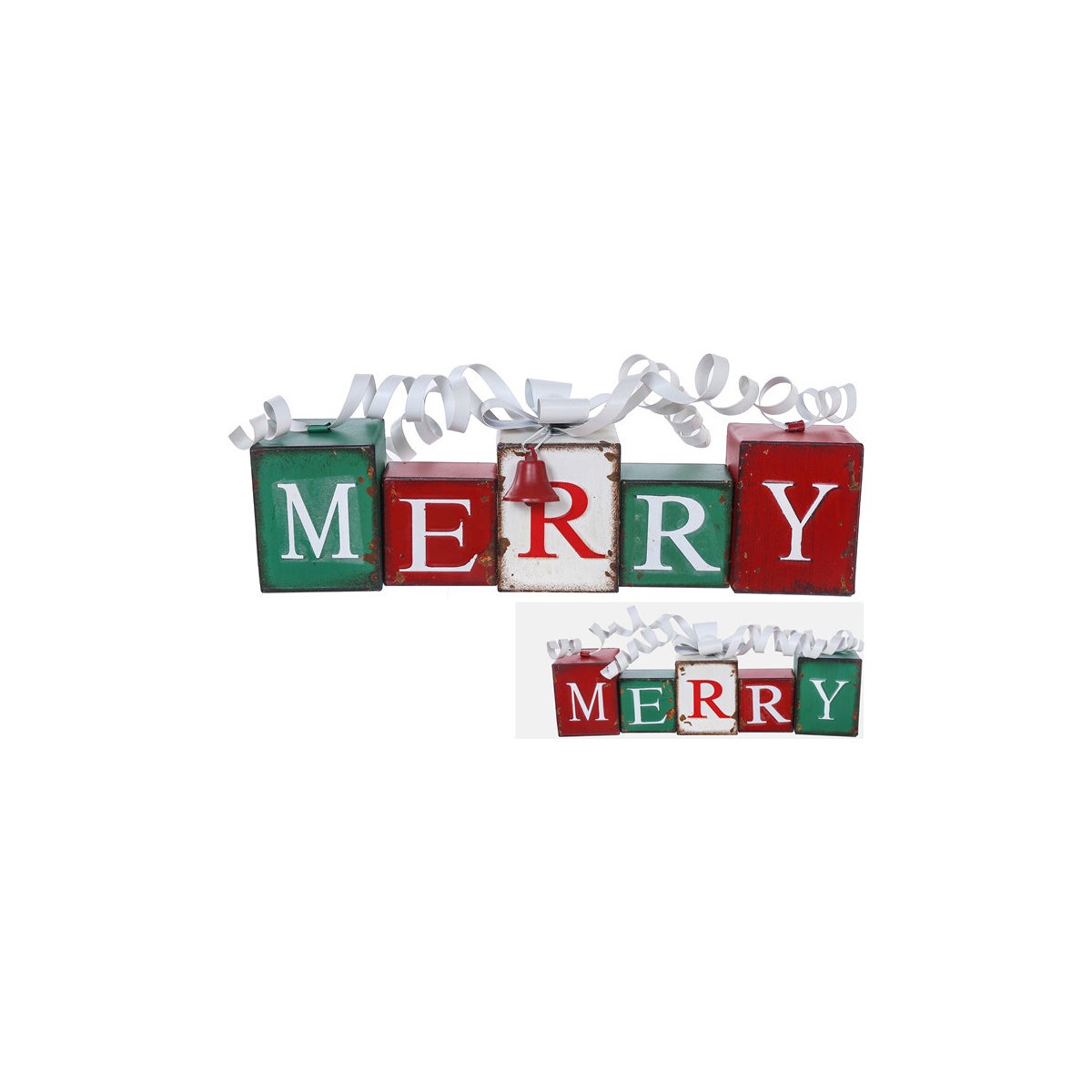 Metal Red/White/Green Merry with Bell-Bow 2-Side Block