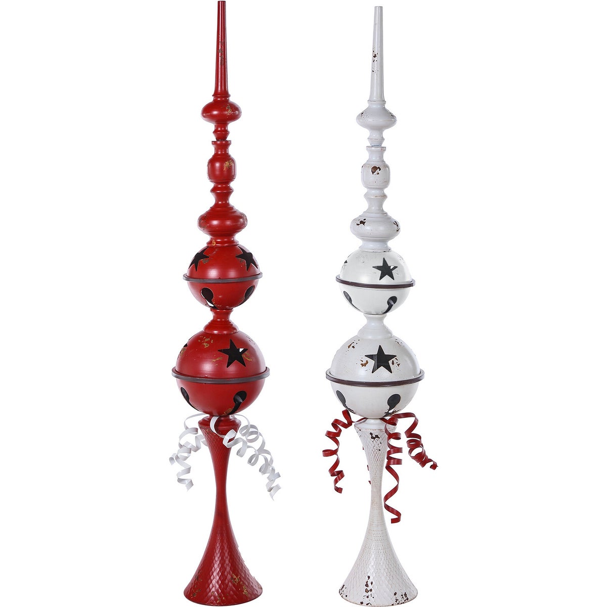 Metal Red/White Bell Finial with Bow 2 Asst