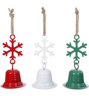 Lg Mtl R/W/G Glossy Snowflake Bell Hang 3 Asst