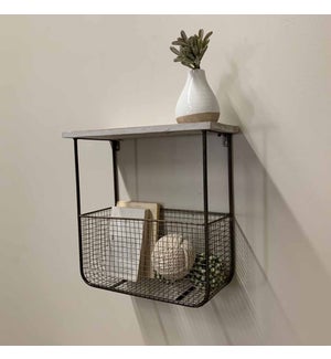 Metal Shelf with Wood Top and Mesh Basket