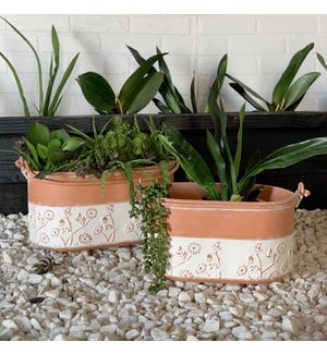 Metal Faux Terracotta Pot Set with Floral Embossing
