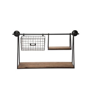 Metal/Wood Shelf With Basket and Hooks