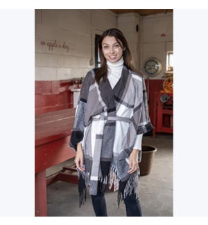 Gray Plaid Belted Poncho Wrap