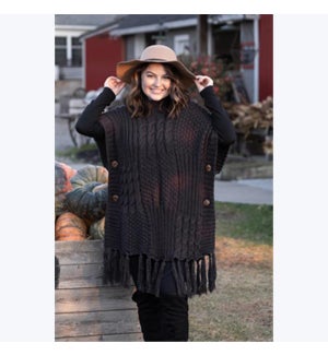 Cable Knit Fringed Poncho with Buttons