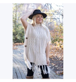 Cable Knit Fringed Poncho with Buttons