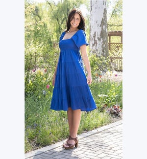 Blue Puff Sleeve Smocked Midi Dress, 1S, 1M, 1L, 1XL