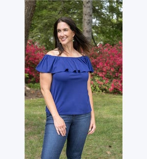 Blue Off-Shoulder Ruffle Sleeve Top