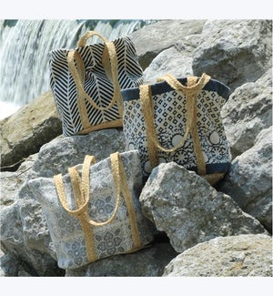 Block Print Cotton and Jute Totes 3 Ast