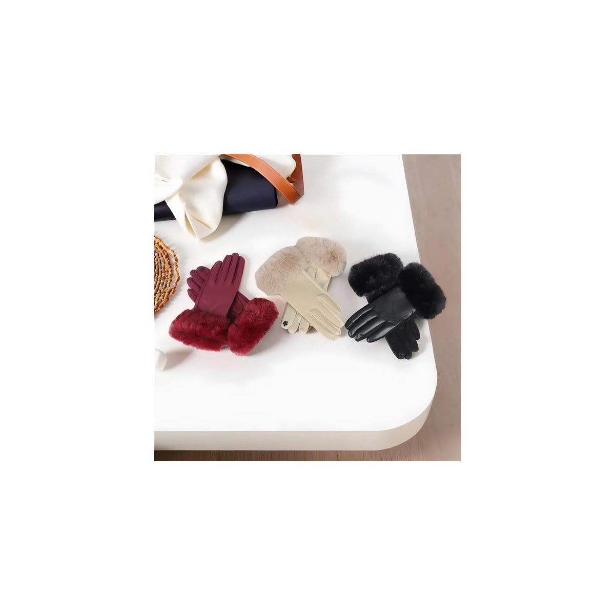 Fur Cuff Vegan Leather Gloves 3 Ast